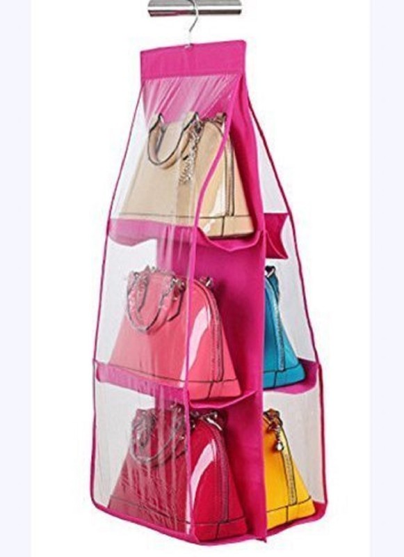 Kanha 6 Pocket PVC Storage Bag Organizer Hanging Bags Closet Organizer Wardrobe Rack Hangers Holder for Fashion Handbag Purse Pouch (Pink)(Pink)