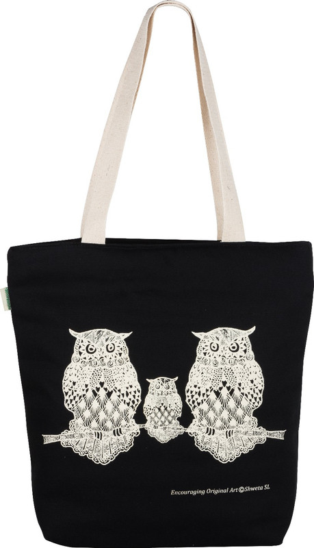 allforasmile Cotton Canvas Reusable Ecofriendly Tote Bag | Animal Collection Owl | Original Art Multipurpose Bag(Black, 5 L)