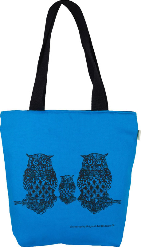 allforasmile Cotton Canvas Reusable Ecofriendly Tote Bag | Animal Collection Owl | Original Art Multipurpose Bag(Blue, 5 L)