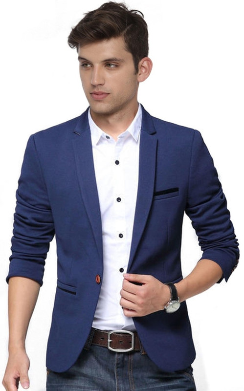 One Click Solid Single Breasted Wedding Men Blazer(Blue)