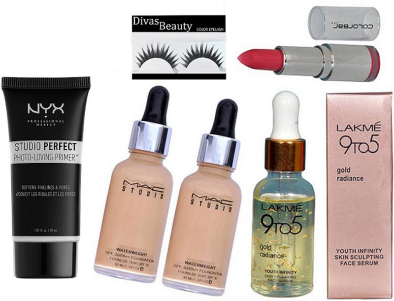 divas beauty Eyelashes & Waterweight Spf Foundation Set Of 2 & 9To5 Gold Radiance Face Serum&ColourBar Lipstick, Photo-Loving Face Primer Gel 30 ml(6 Items in the set)