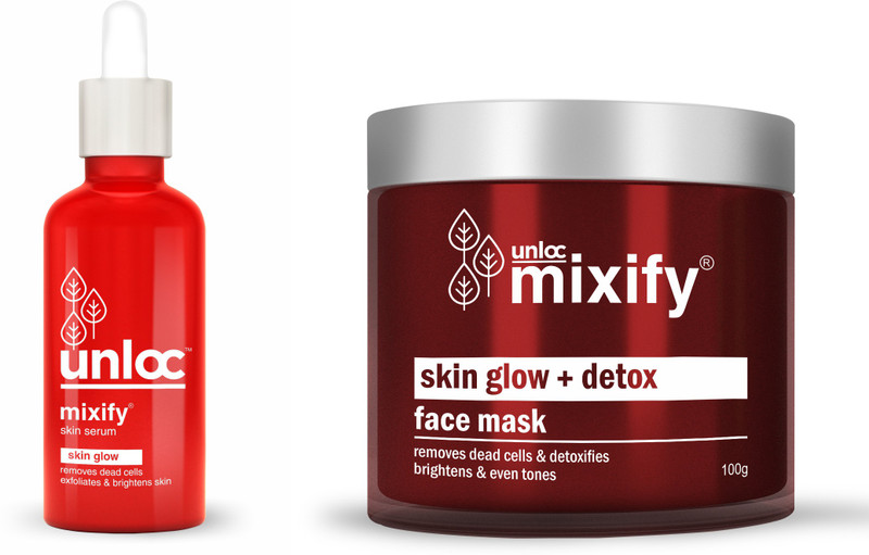 mixify Glow Combo - Unloc Skin Glow Serum (30 ml) + Unloc “Skin Glow + Detox” Face Mask (100gm) | Paraben Free | Sulphate Free 130 g(Set of 2)