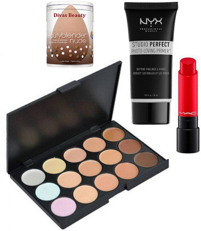 divas beauty Sponge Puff, 15 Shade Concealer Palette & Liptensity Lipstick, NYX Studio Perfect Photo-Loving Face Primer Gel 30 ml(4 Items in the set)