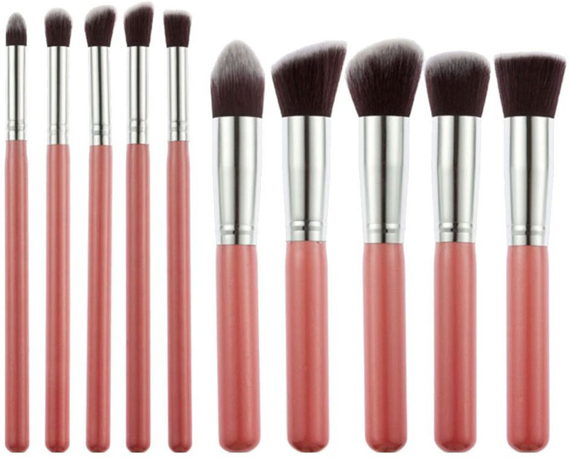 kanha 10 pcs Premium Synthetic Makeup Brush Set Cosmetics Foundation Blending Blush Eyeliner Face Powder Brush Kit (Pink Silvery)(Pack of 10)