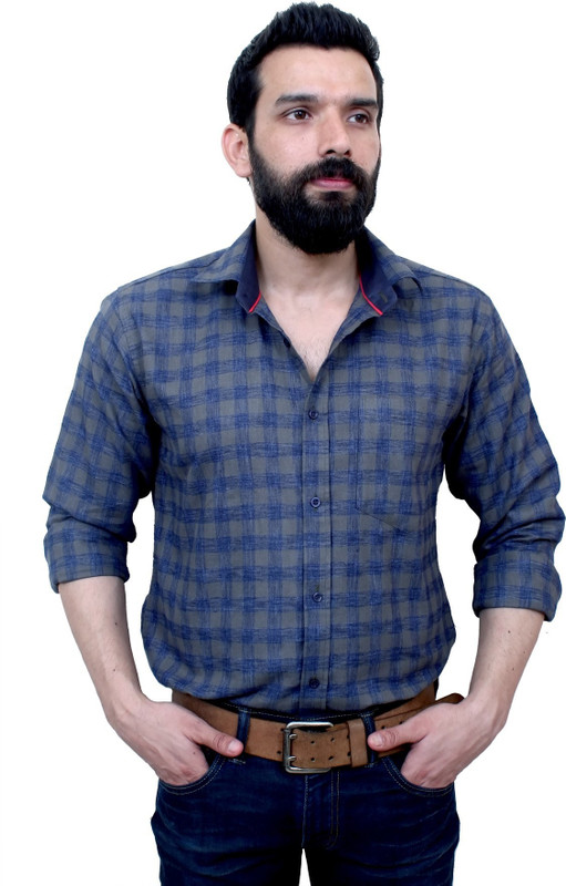 leeonn Men Checkered Casual Grey Shirt