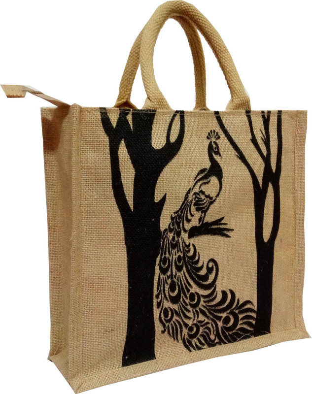 styles creation Peacock Print Premium Quality Designer Stylish Trendy Jute Lunch Bag for Lunch/Return Gift/Everyday use (Normal Size) Waterproof Lunch Bag(Beige, 12 inch)