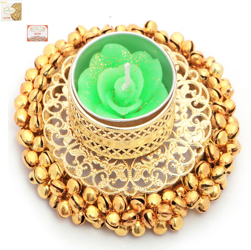 Ghasitaram Gifts Diwali Candles-Golden Gungroo T-Lite with 200 gms Kaju Katli and 200 gms Soan Papdi Combo(3) Ghasitaram Gifts Diwali Candles-Golden Gungroo T-Lite with 200 gms Kaju Katli and 200 gms Soan Papdi Combo(3)