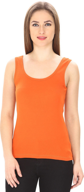 Trudam Casual No Sleeve Solid Women Orange Top