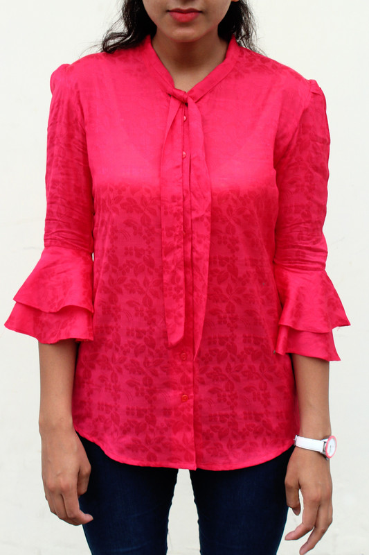 monic wears Casual Layered Sleeve Self Design Women Pink Top