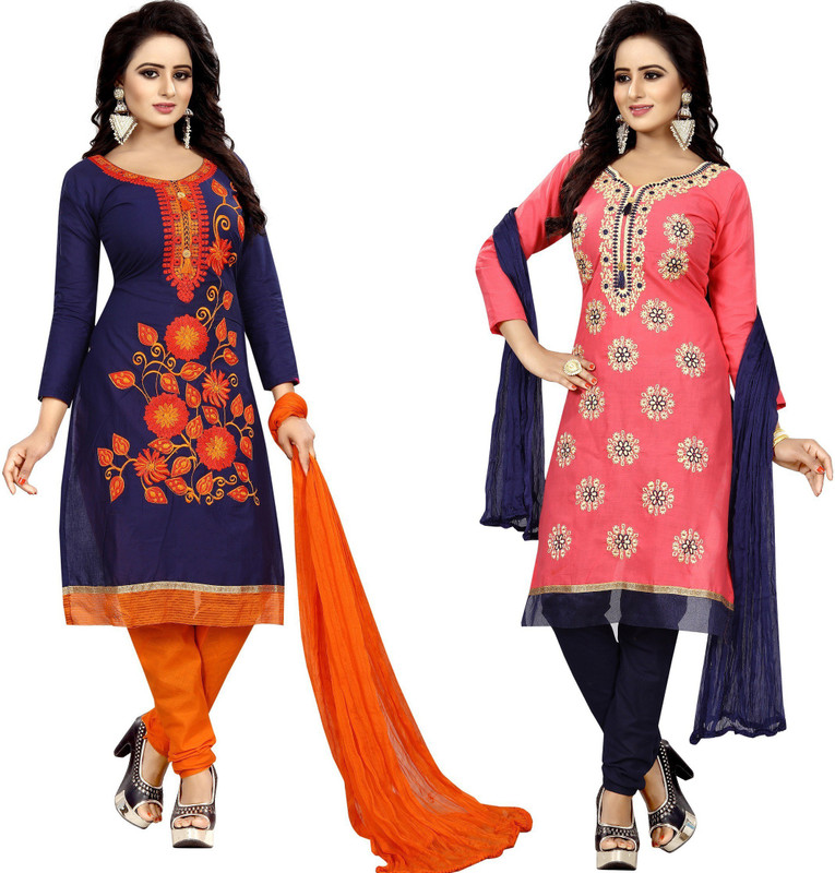 dharmi fashion Cotton Blend Embroidered Kurta & Churidar Material(Unstitched)