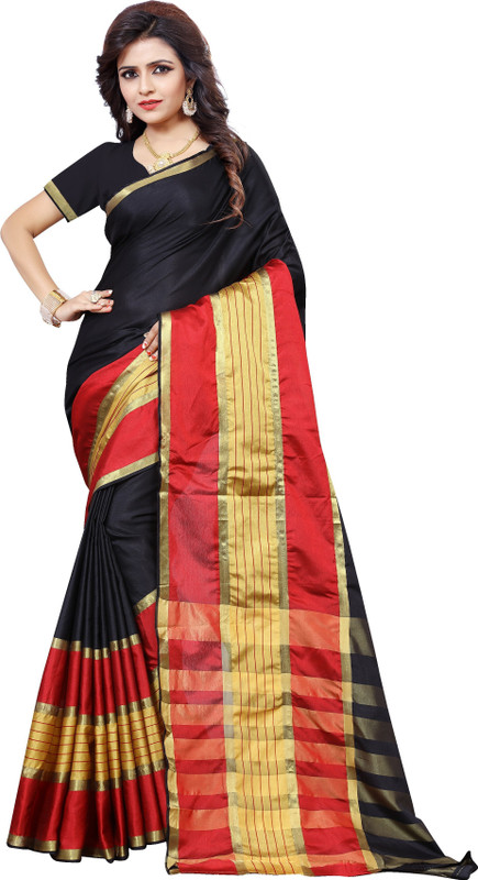 valeria Striped Fashion Tussar Silk Saree(Black)