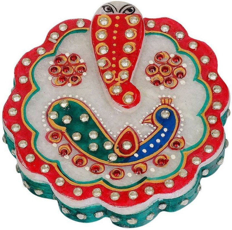 vaishnavi art collection Marble Ganesh Chopra, Kumkum box, Tilak, Tika, Sindoor Decorative Showpiece - 10 cm (Marble, Multicolor) Decorative Showpiece  -  10 cm(Marble)