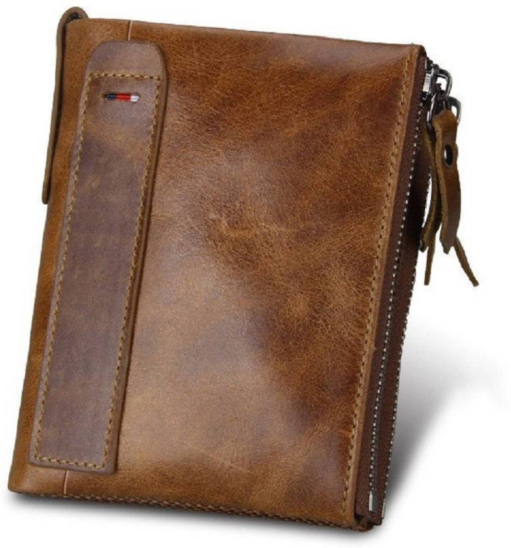 pidengbao Men Casual Brown Genuine Leather, Denim Wallet(15 Card Slots)
