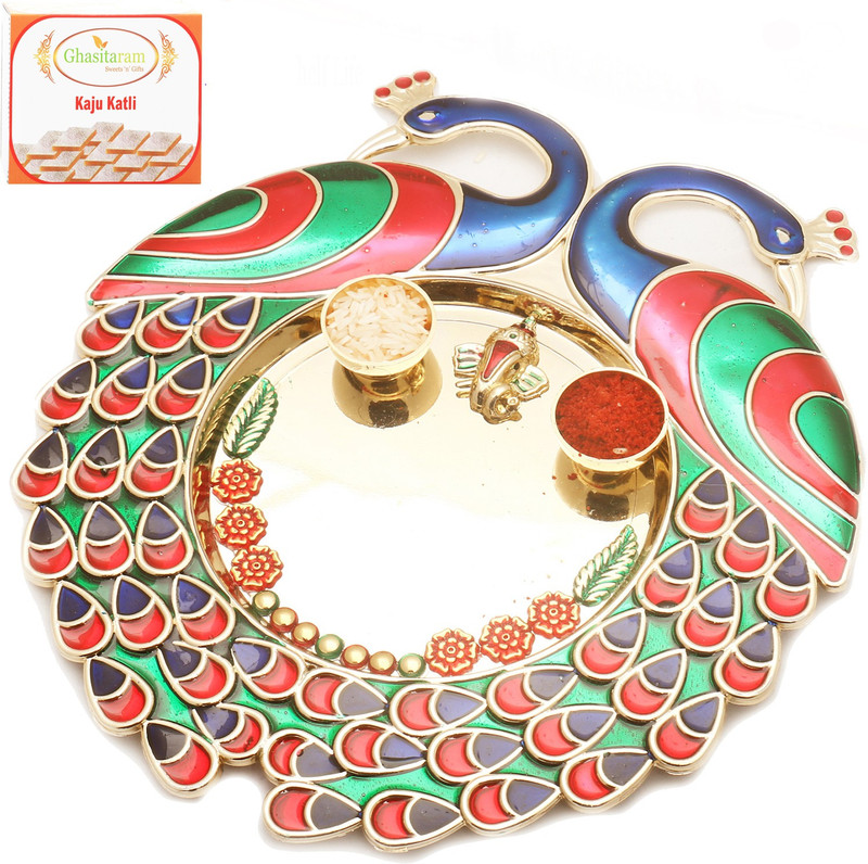 Ghasitaram Gifts BhaiDooj -Colourful Peacock Pooja Thali with 400 gms of Kaju katli Combo(2) Ghasitaram Gifts BhaiDooj -Colourful Peacock Pooja Thali with 400 gms of Kaju katli Combo(2)