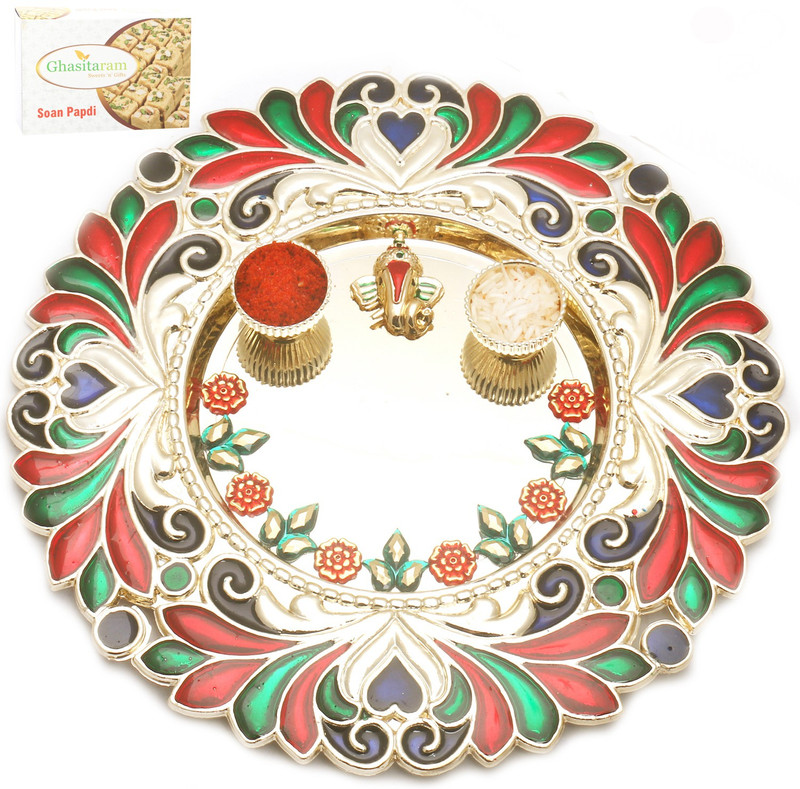 Ghasitaram Gifts BhaiDooj -Flowers of Love Pooja Thali with 400 gms of Soan Papdi Combo(2) Ghasitaram Gifts BhaiDooj -Flowers of Love Pooja Thali with 400 gms of Soan Papdi Combo(2)