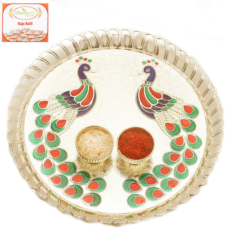 Ghasitaram Gifts BhaiDooj -Peacock Pooja Thali with 200 gms of Kaju katli Combo(2) Ghasitaram Gifts BhaiDooj -Peacock Pooja Thali with 200 gms of Kaju katli Combo(2)