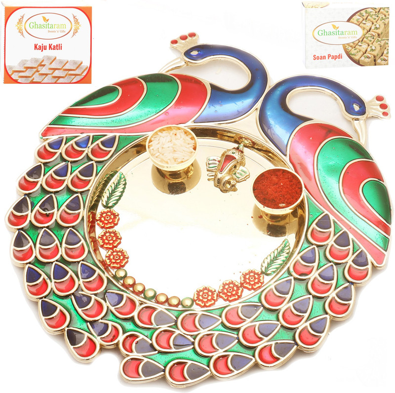 Ghasitaram Gifts BhaiDooj -Colourful Peacock Pooja Thali with 200 gms of Kaju katli and 200 gms of Soan Papdi Combo(2) Ghasitaram Gifts BhaiDooj -Colourful Peacock Pooja Thali with 200 gms of Kaju katli and 200 gms of Soan Papdi Combo(2)