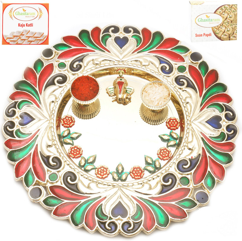 Ghasitaram Gifts BhaiDooj -Flowers of Love Pooja Thali with 200 gms of Kaju katli and 200 gms of Soan Papdi Combo(2) Ghasitaram Gifts BhaiDooj -Flowers of Love Pooja Thali with 200 gms of Kaju katli and 200 gms of Soan Papdi Combo(2)