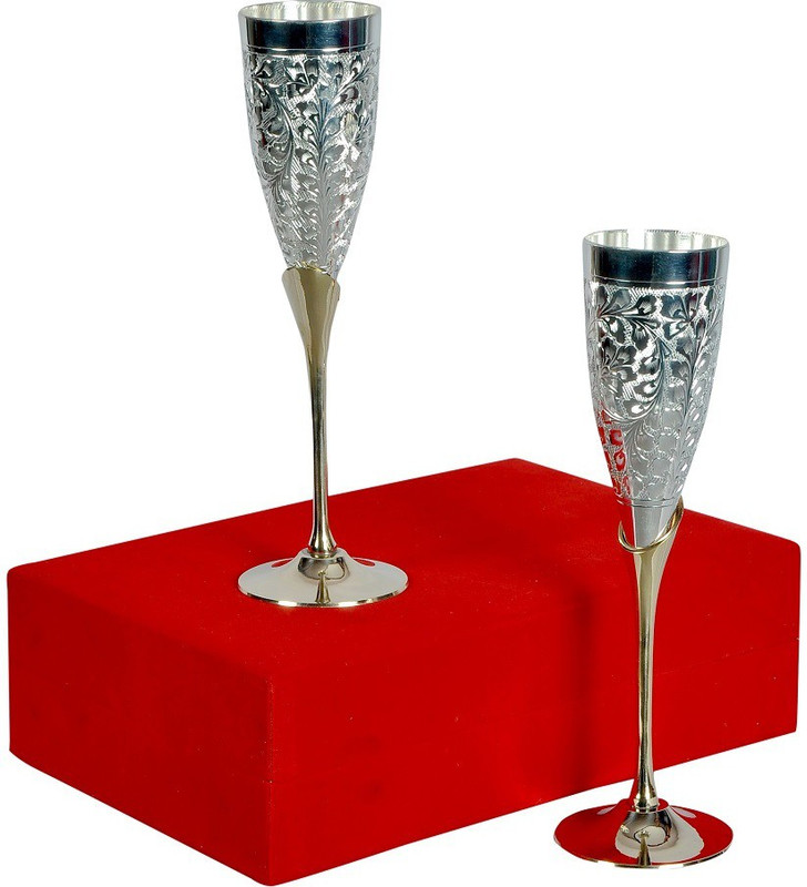 kaveesha Silver Plated Brass Wine Goblet/Wine Glasses Glass Tray Serving Set(Pack of 2)