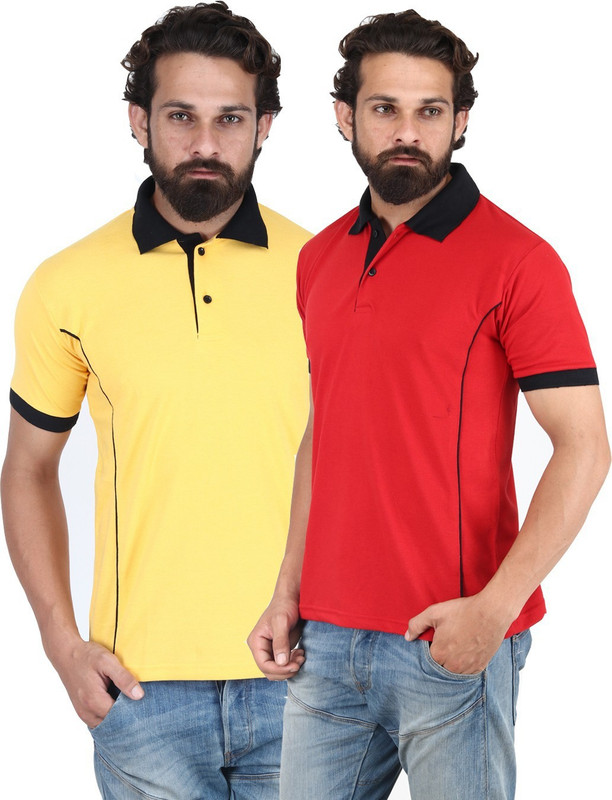 bis creations Solid Men Polo Neck Yellow, Red T-Shirt(Pack of 2)