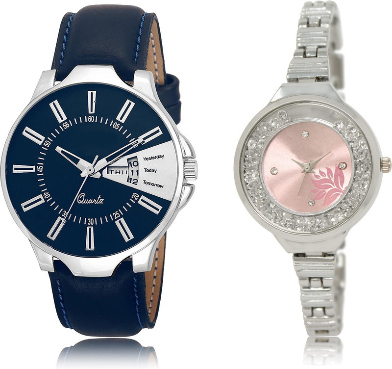 loretta Fresh Fashion Day & Date LR_23_226 Blue Leather Strap & Silver Metal Chain Strap Moving Diamond Round Dial Couple Combo Analog Watch  - For Men & Women