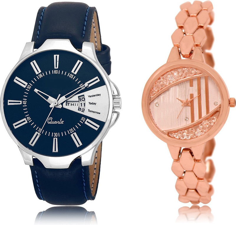 loretta Fresh Fashion Day & Date LR_23_222 Blue Leather Strap & Rose Gold Metal Strap Moving Diamond Round Dial Couple Combo Analog Watch  - For Men & Women