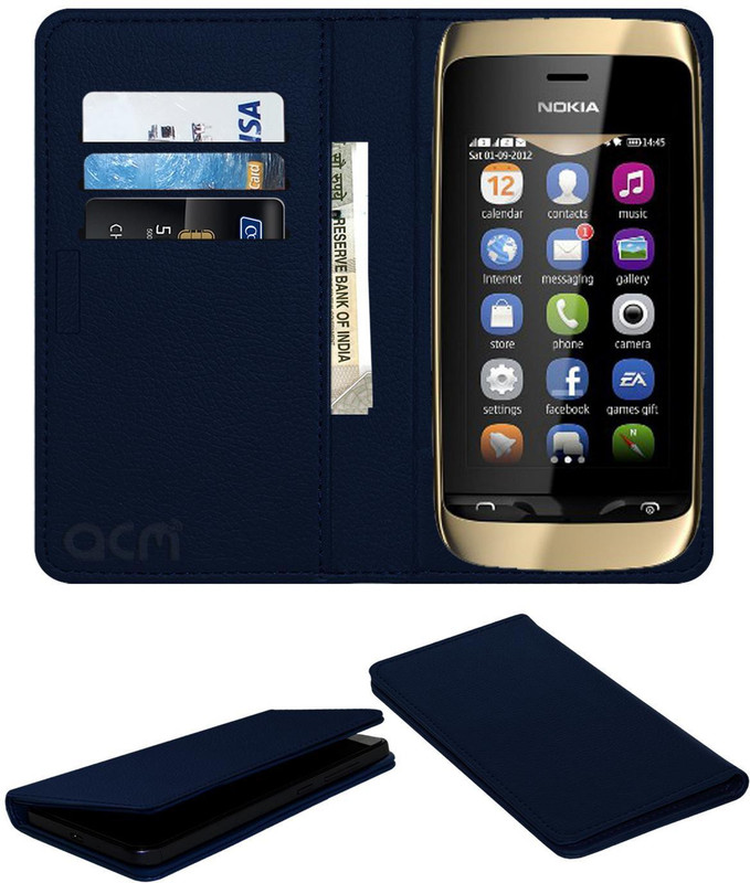 ACM Flip Cover for Nokia Asha 308(Blue, Cases with Holder)