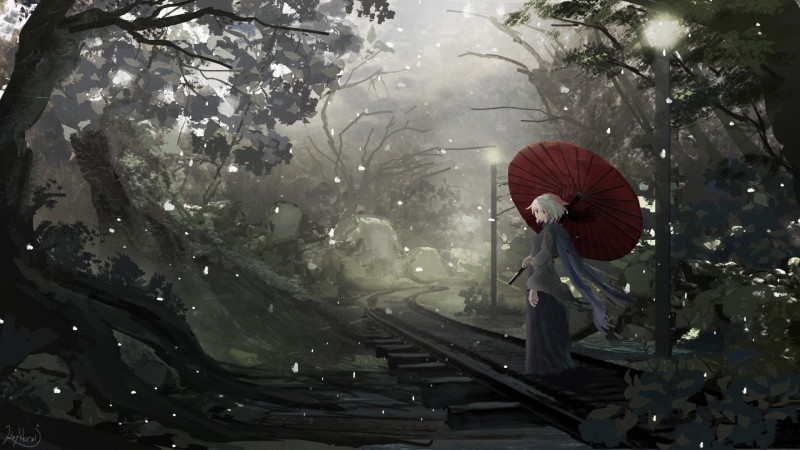 Athah Anime Original Railroad Scenery Girl White Hair Umbrella 13*19 inches Wall  Matte Finish Paper Print(13 inch X 19 inch, Rolled)