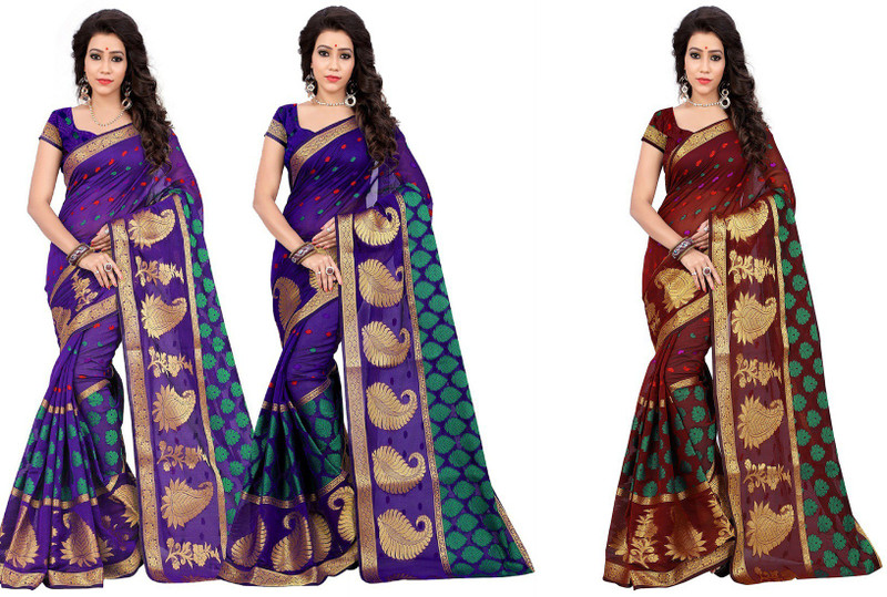jayant creation Printed Fashion Poly Silk Saree(Pack of 3, Purple, Maroon)