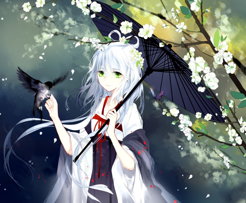 Athah Anime Original White Hair Bird Green Eyes Flower Umbrella 13*19 inches Wall  Matte Finish Paper Print(13 inch X 19 inch, Rolled)
