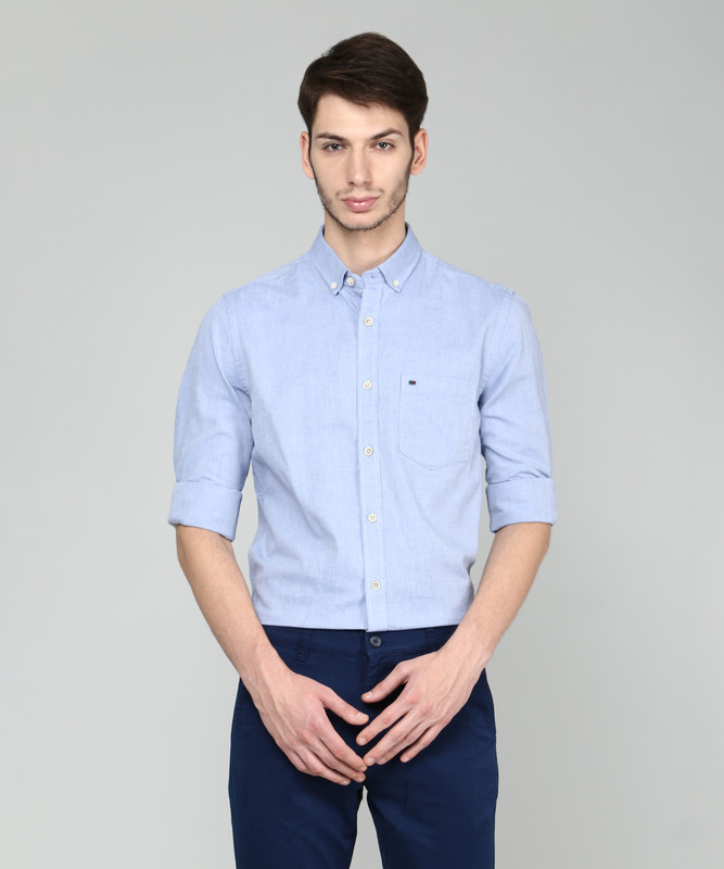 Peter England Men Self Design Casual Blue Shirt