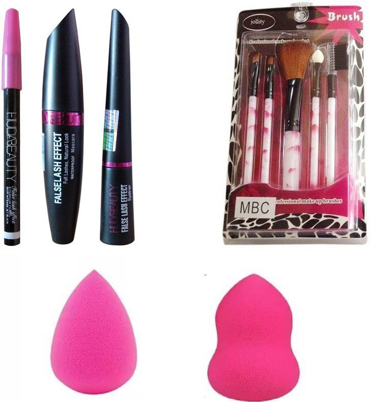 jollity Make Up Brush Set Of 5 & Huda Beauty 3 In 1 Kajal,Eyeliner,Mascara And Two Blender Puff Of high Quality(3 Items in the set)