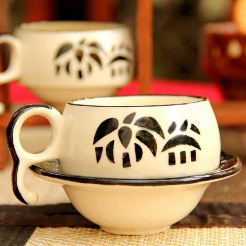 crockery creativity white Bamboo print ceramic cup and saucers Ceramic(White, Black, Pack of 12)