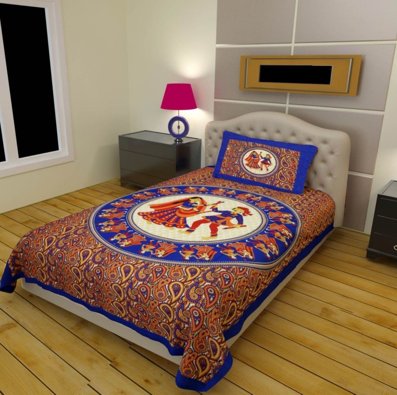 braga 144 TC Cotton Single Printed Bedsheet(Pack of 1, A one blue)