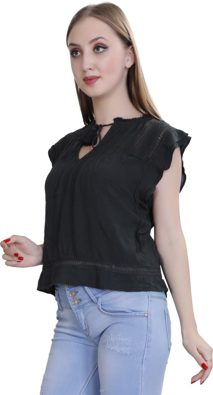 oleta Casual Sleeveless Solid Women Black Top