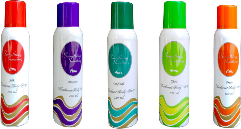viwa Something Something multi color { Silk(red), passion(purple), original(green), glow(parrot), fresh(orange) } 150 ml*5 Deodorant Spray  -  For Men & Women(750 ml, Pack of 5)