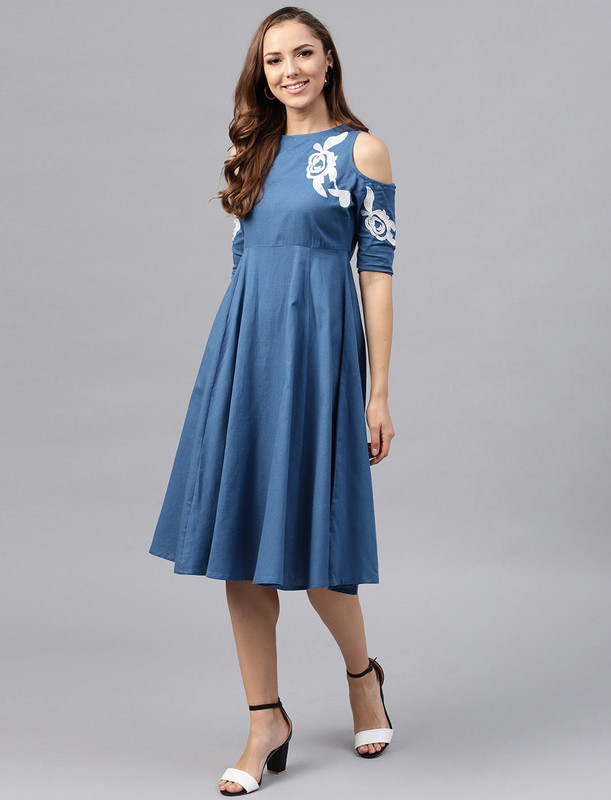 women fit and flare blue dress Roman Elegance Fit & Flare Blue Printed Cotton-Linen Dress main image 0