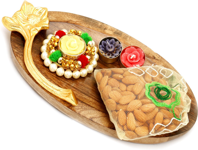 Ghasitaram Gifts Dryfruits hamper-Wooden Platter with Pearl T-Lite and almonds Pouch Combo(3)