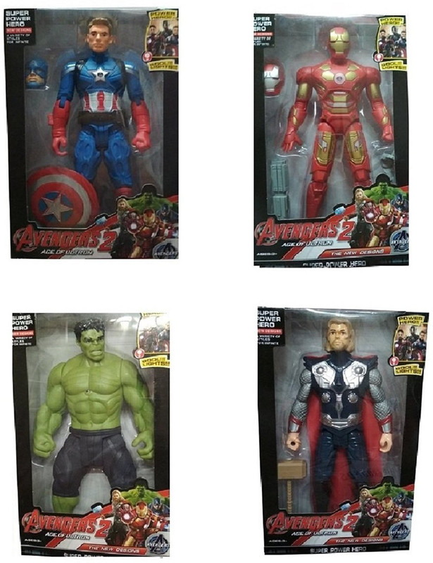 fedexo Four Combo Avengers Hulk, Captain America, and Iron Man with weapons Twist and Move Avengers Age of Ultron Action Figure 19 cm with LED light function(Multicolor)