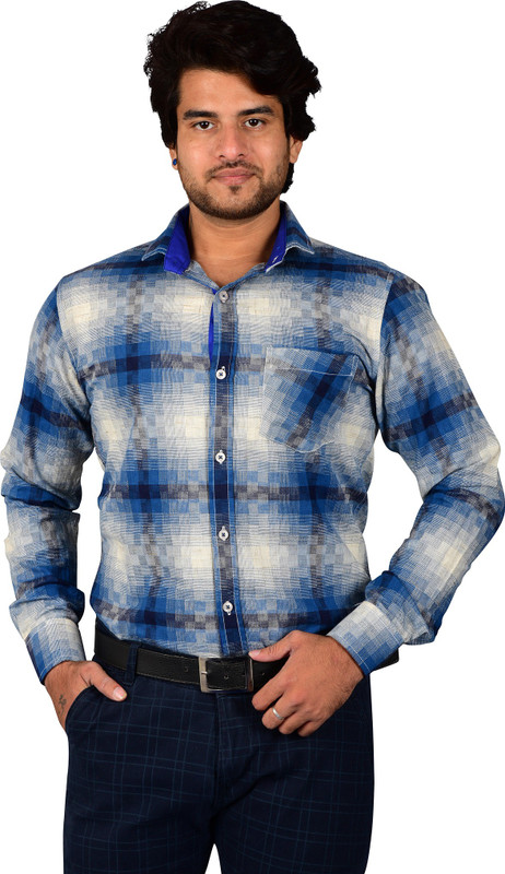 wild knight Men Checkered Casual Blue Shirt