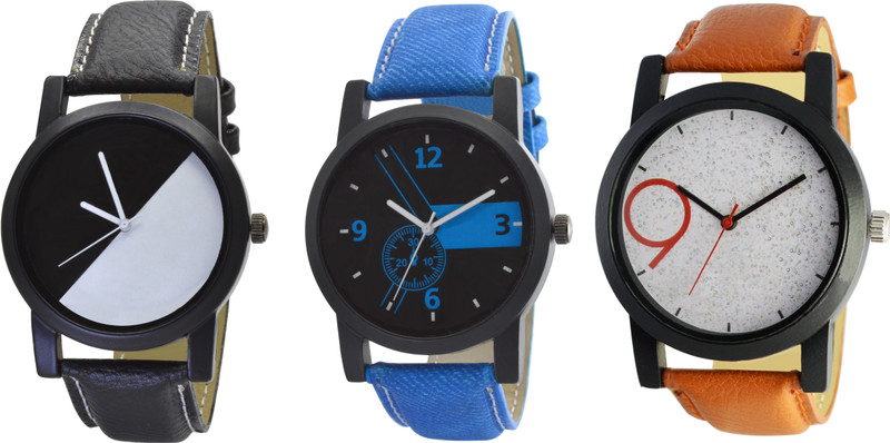 boricha Analogue Black Dial Men's & Boy's Watch Leather Strap - Combo Pack of 3 WATCH #7-8-9 Analog Watch  - For Men