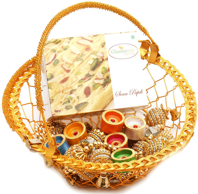 Ghasitaram Gifts Hampers-Golden Metal Basket Basket with Soan Papdi, Toran and Diyas Combo(9) Ghasitaram Gifts Hampers-Golden Metal Basket Basket with Soan Papdi, Toran and Diyas Combo(9)