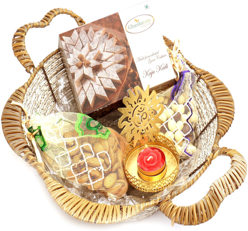 Ghasitaram Gifts Hampers-Brown Basket with Kaju Katli, Almonds, Nutties Pouch with Om T- Lite Combo(5)
