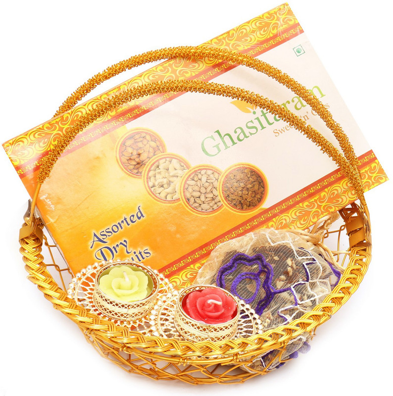 Ghasitaram Gifts Hampers-Golden Metal Basket with Dryfruit Box, Brittles Pouches and 2 t-lites Combo(9)