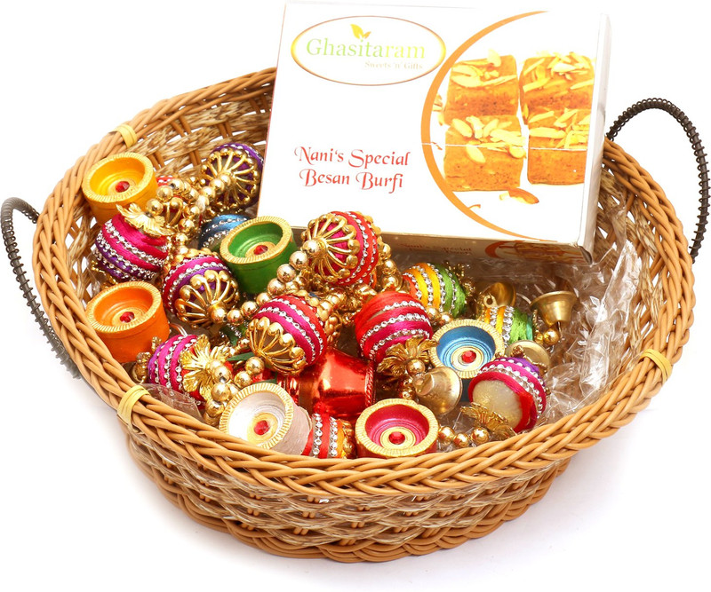 Ghasitaram Gifts Hampers-Big Cane Basket Basket with Nani's Special Besan Barfi, Toran and Diyas Combo(9) Ghasitaram Gifts Hampers-Big Cane Basket Basket with Nani's Special Besan Barfi, Toran and Diyas Combo(9)