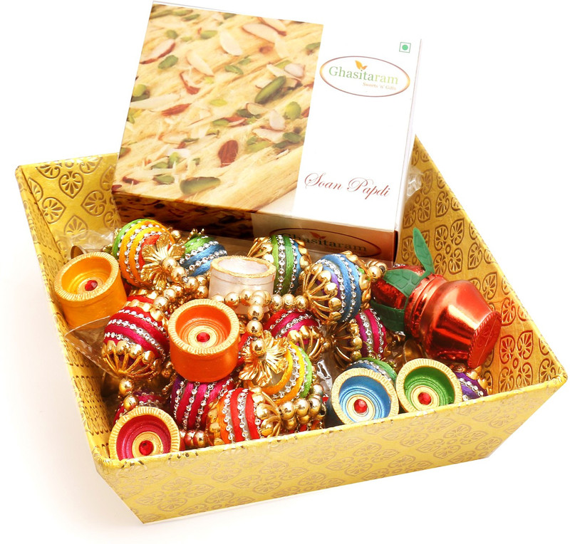 Ghasitaram Gifts Hampers-Yellow Basket with Soan Papdi, Toran and Diyas Combo(9) Ghasitaram Gifts Hampers-Yellow Basket with Soan Papdi, Toran and Diyas Combo(9)