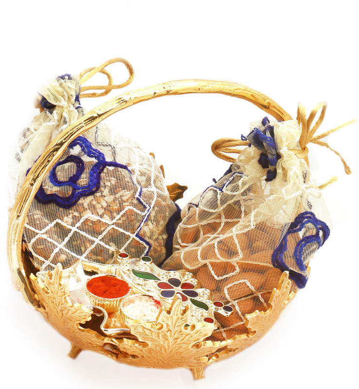 Ghasitaram Gifts Hampers-Golden Leaf Basket of Almonds, English Brittles Chocolates Pouches Basket with Leaf Tika Chawal Container Combo(4)