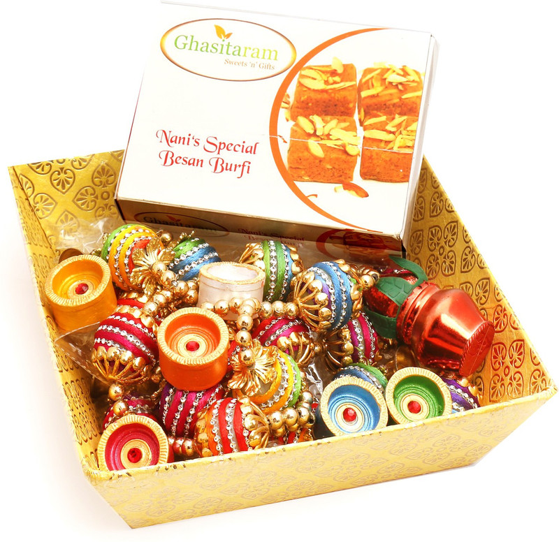 Ghasitaram Gifts Hampers-Yellow Basket with Nani's Special Besan Barfi, Toran and Diyas Combo(9) Ghasitaram Gifts Hampers-Yellow Basket with Nani's Special Besan Barfi, Toran and Diyas Combo(9)