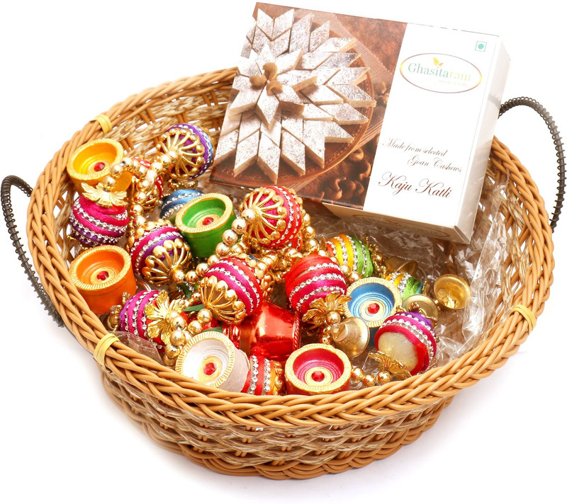Ghasitaram Gifts Hampers-Big Cane Basket Basket with Kaju Katli, Toran and Diyas Combo(9) Ghasitaram Gifts Hampers-Big Cane Basket Basket with Kaju Katli, Toran and Diyas Combo(9)