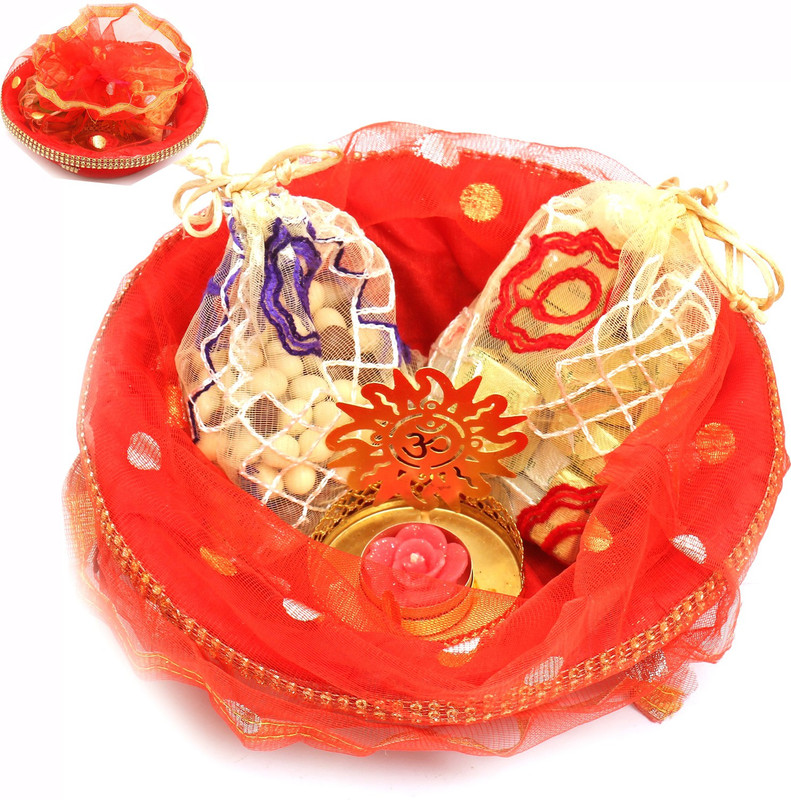 Ghasitaram Gifts Hampers-Red Potli Basket with Chocolate, Nutties Pouches and Om t-lite Combo(4)
